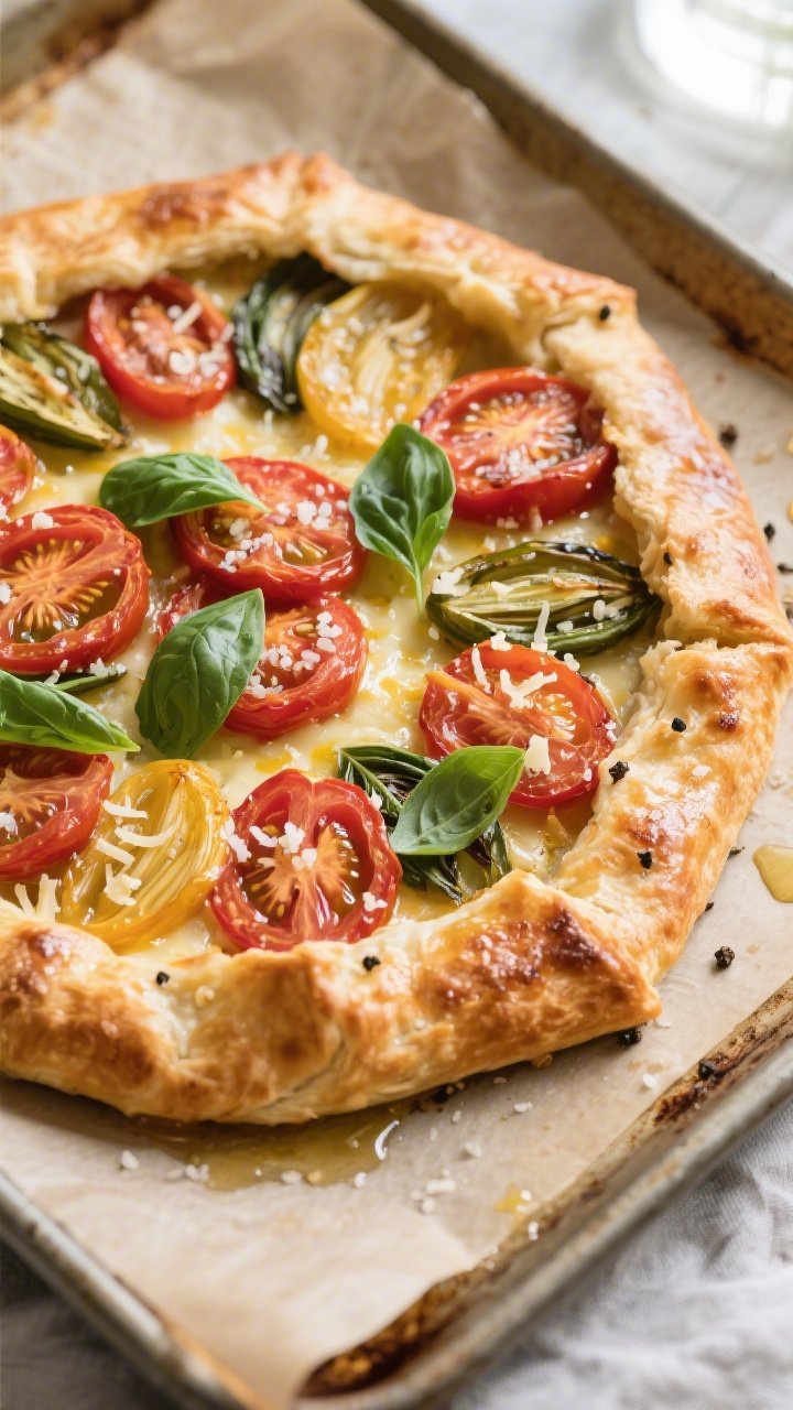 Overhead shot of a freshly baked Tomato Basil Galette on a parchment-lined baking sheet just out of