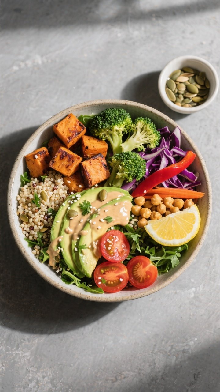 Overhead shot of a fully assembled Healthy Veggie-Loaded Buddha Bowl with Quinoa, restaurant-quality