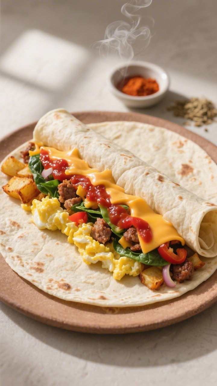Overhead shot of a just-assembled breakfast burrito on a warm 10-inch flour tortilla before rolling: