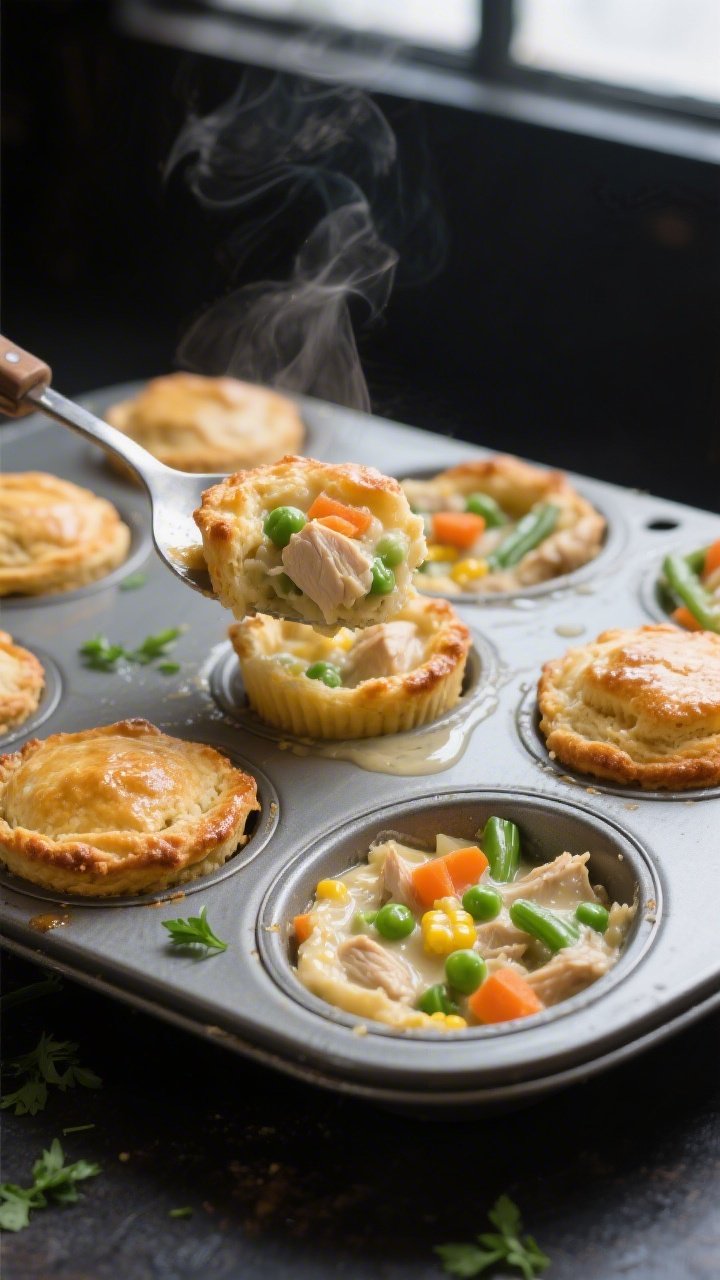 Overhead shot of a just-baked muffin tin of chicken pot pie bites, biscuit edges deep golden and glo