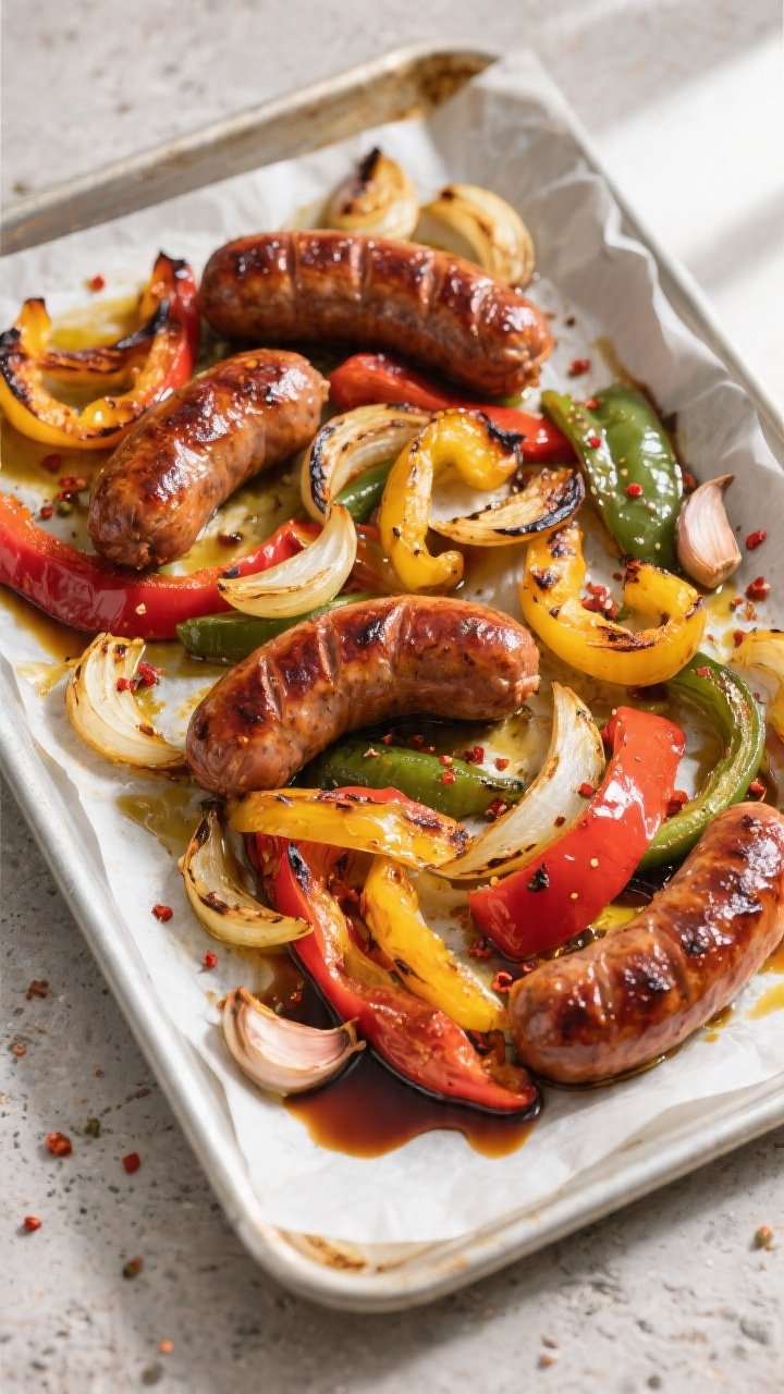 Overhead shot of a just-roasted sheet pan of Italian sausage, peppers, and onions at the “flip and