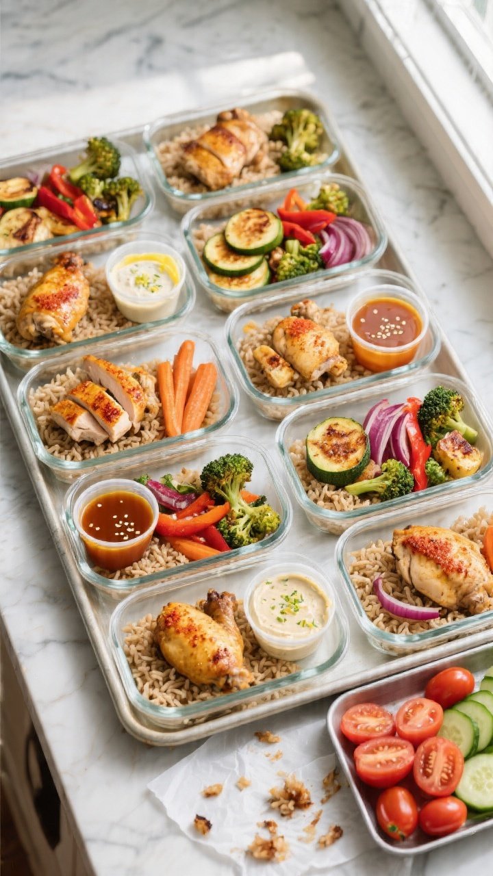 Overhead shot of a meal-prep assembly line: eight neatly arranged glass containers filled with fluff