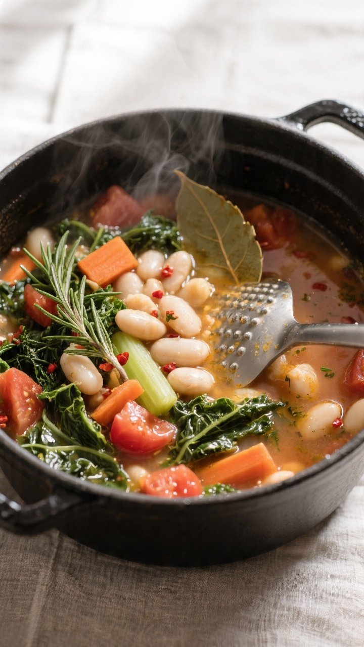 Overhead shot of a one-pot Tuscan white bean soup mid-simmer: cannellini beans, diced tomatoes with 
