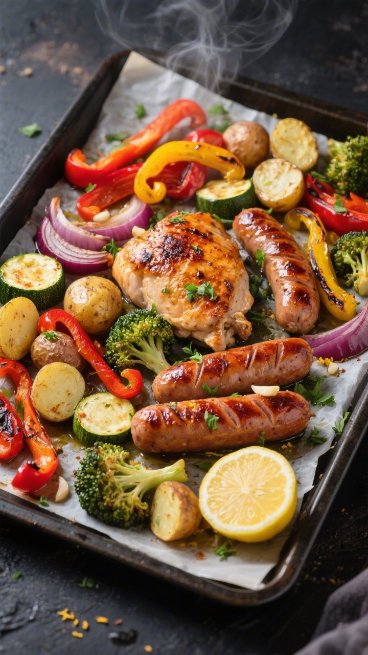 Overhead shot of a roasted chicken sausage and veggies sheet pan just out of the oven at 425°F: car