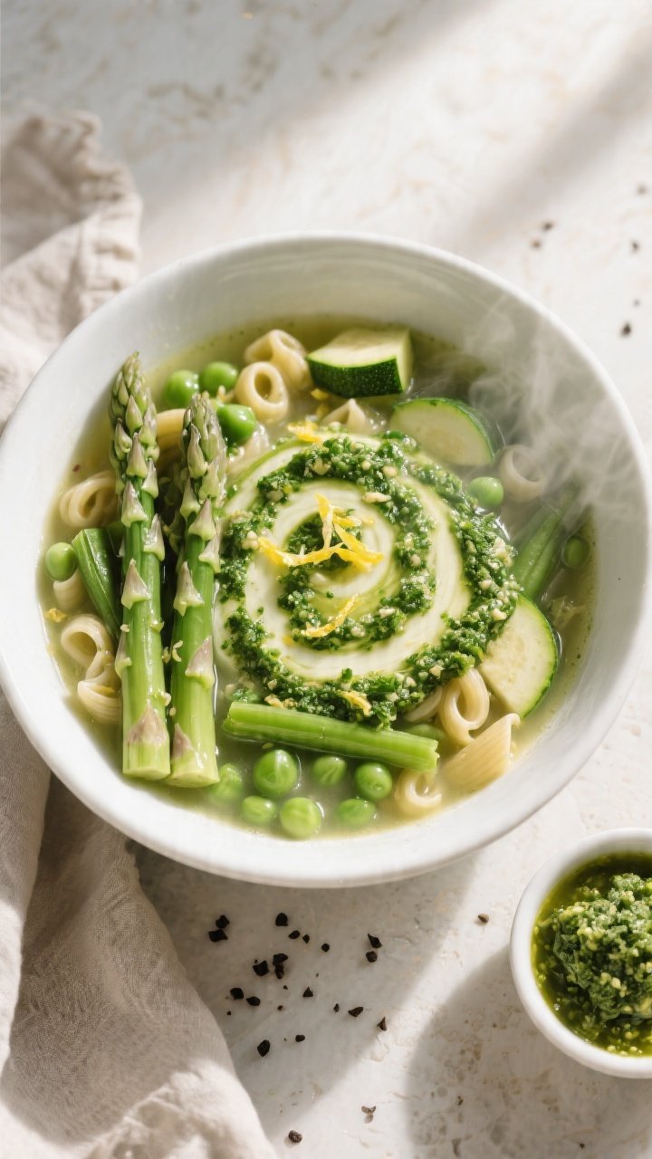 Overhead shot of a steaming bowl of Green Spring Minestrone just after finishing, showcasing tender 