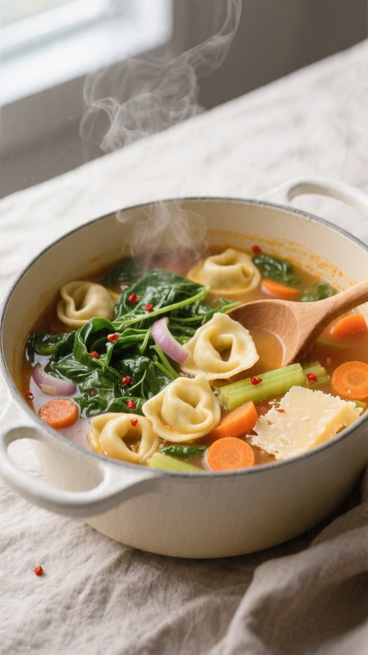 Overhead shot of a steaming pot of Healthy Spinach Tortellini Soup at the simmer stage, showing tend