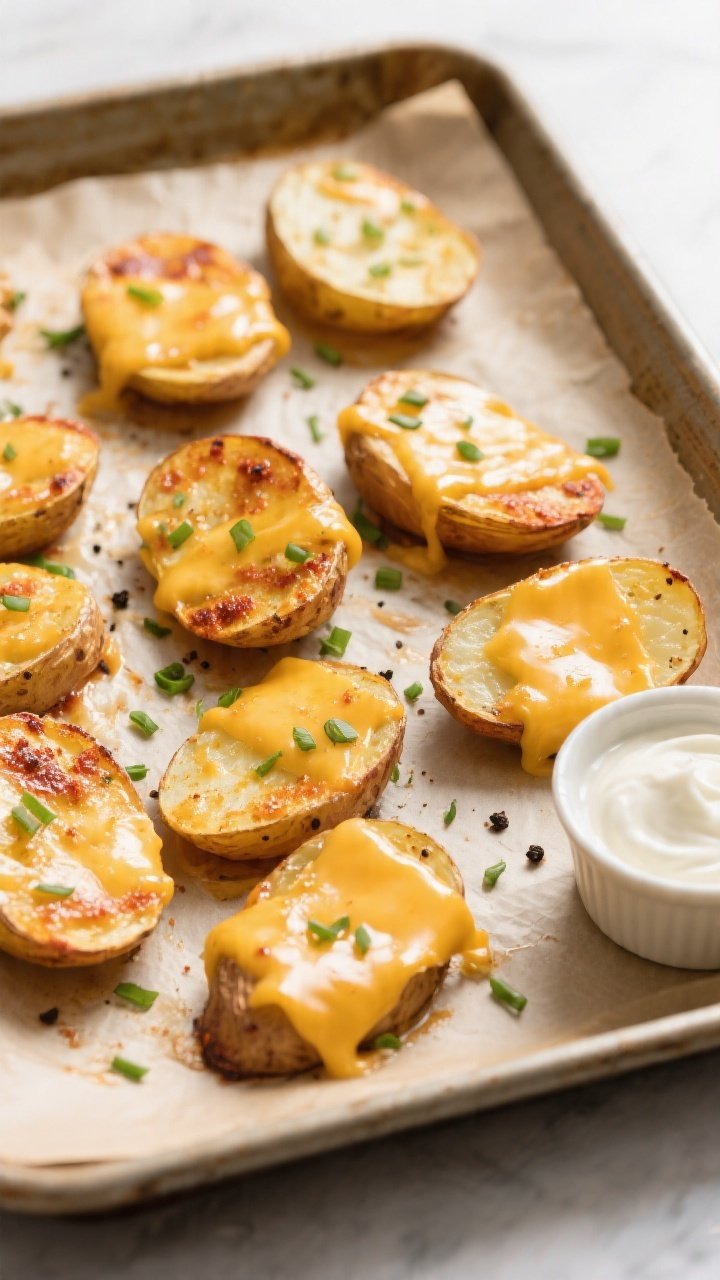 Overhead shot of baked potato slices fresh out of the oven on a parchment-lined sheet pan, golden-br