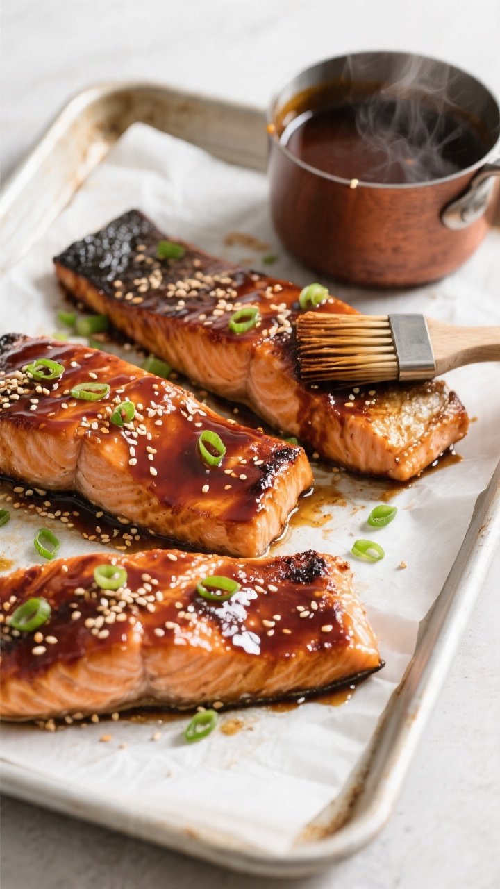 Overhead shot of baked teriyaki salmon fillets just out of the oven on a parchment-lined sheet pan, 