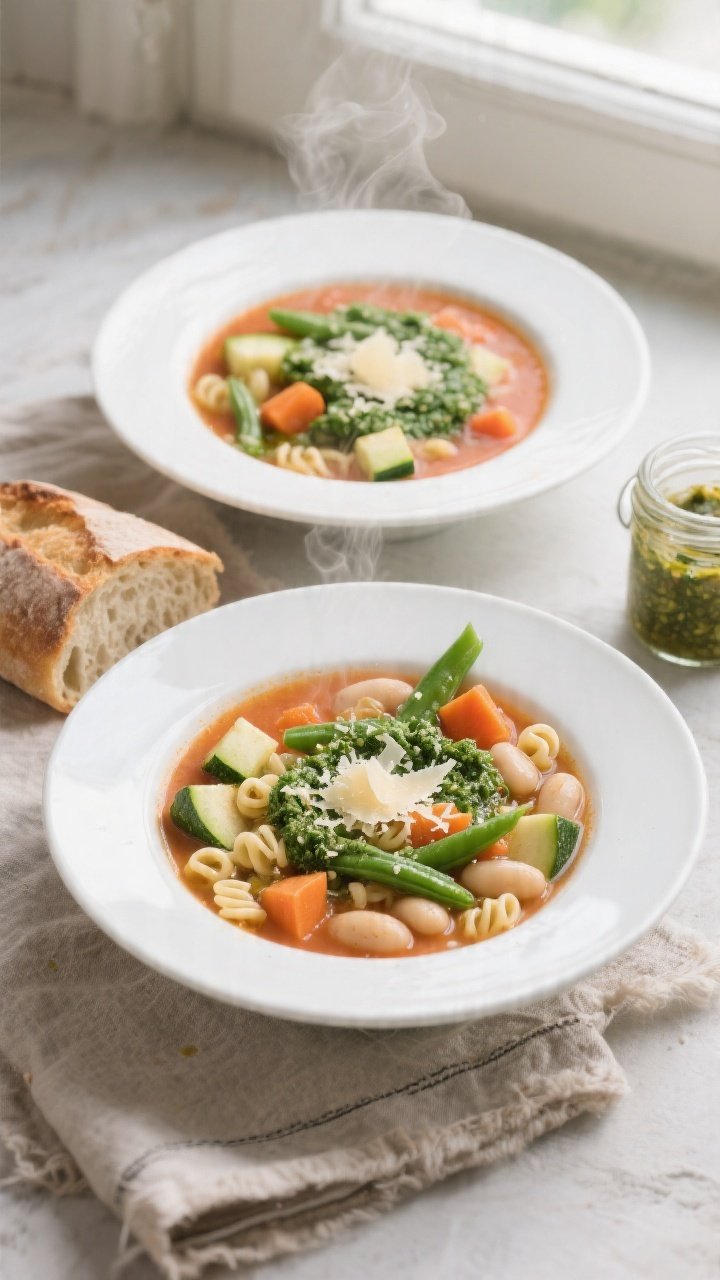 Overhead shot of French pistou soup just after ladling into bowls, showing tender diced zucchini, gr