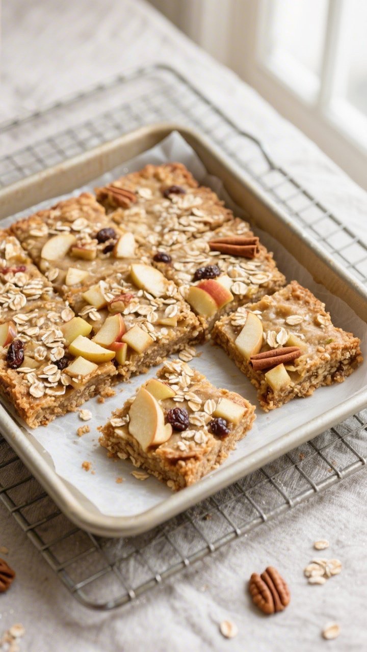 Overhead shot of freshly baked Apple Cinnamon Breakfast Bars cooling on parchment lifted from an 8x8