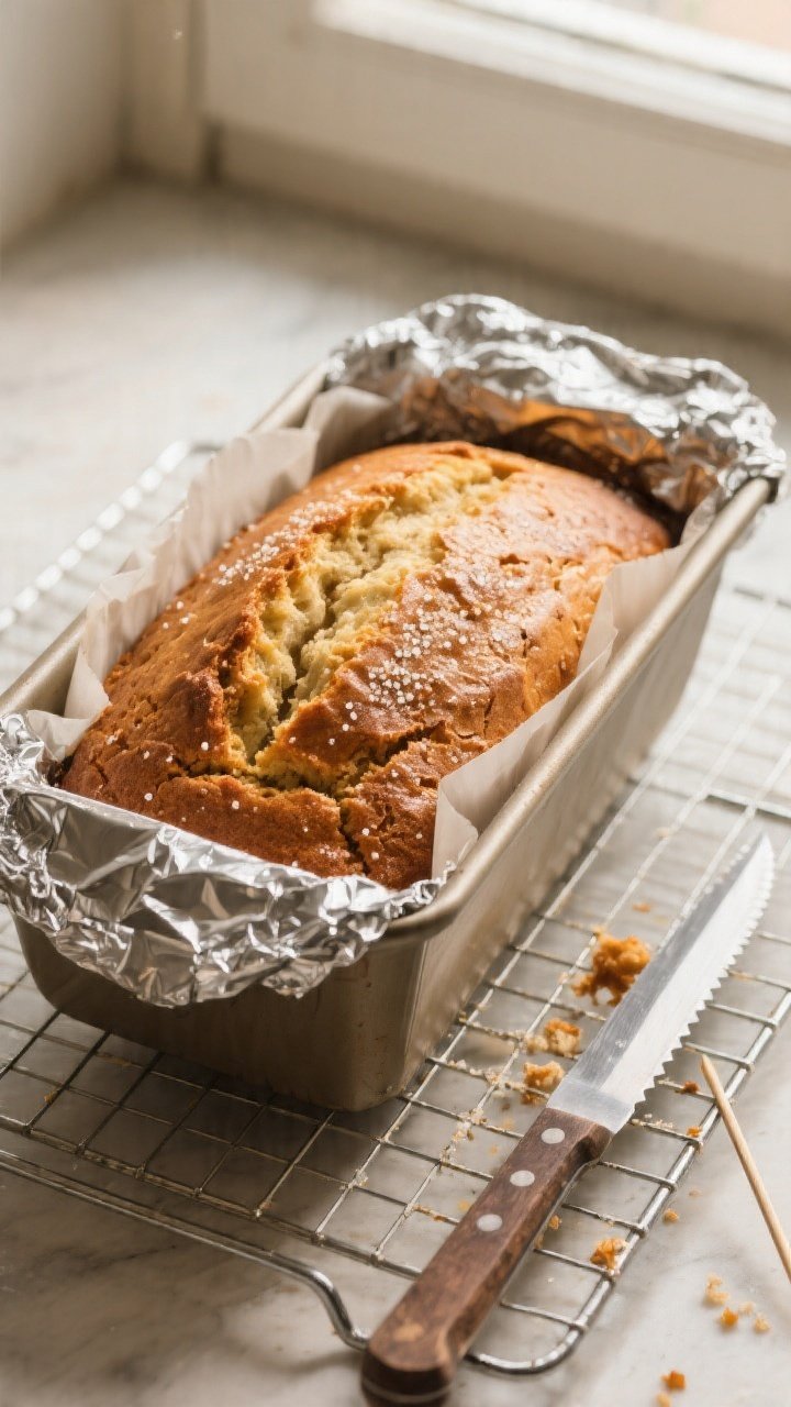 Overhead shot of freshly baked banana bread just out of the oven in a 9x5-inch loaf pan lined with a