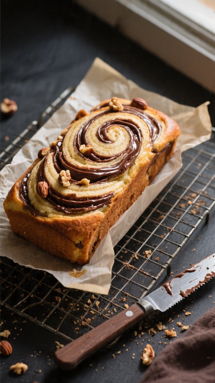 Overhead shot of freshly baked Banana Nutella Swirl Bread cooling on a wire rack, loaf still in its 