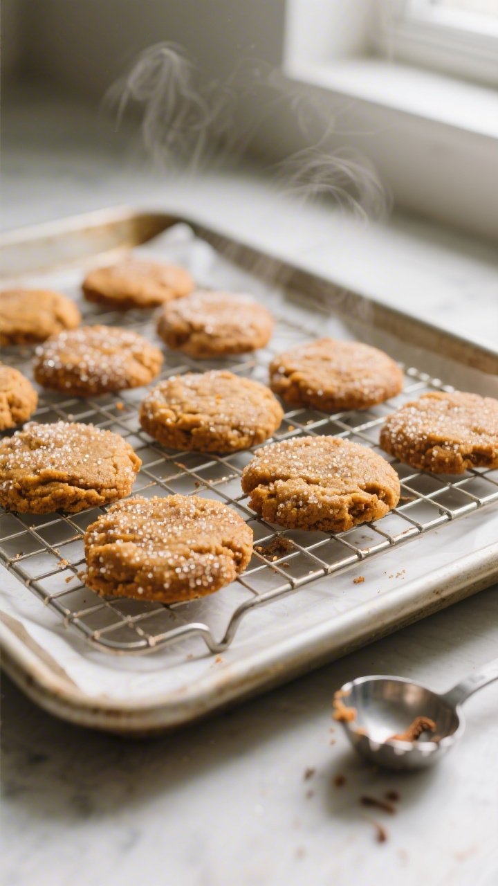 Overhead shot of freshly baked chai spiced pumpkin cookies cooling on a wire rack, warm and puffed w