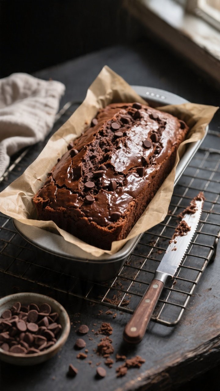 Overhead shot of freshly baked chocolate banana bread just out of the pan on a wire rack, the loaf w