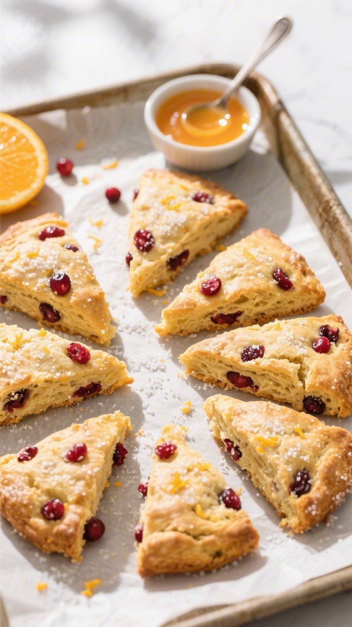 Overhead shot of freshly baked cranberry orange scones cut into 8 golden wedges on a parchment-lined