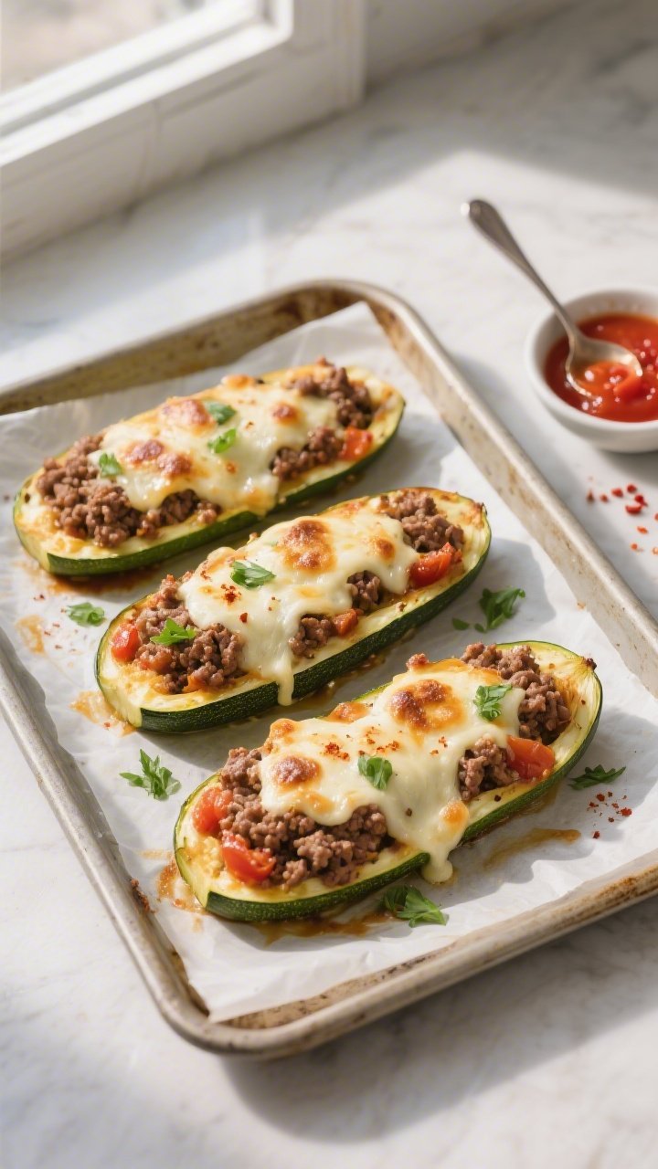 Overhead shot of freshly baked ground beef zucchini boats on a parchment-lined baking sheet, cheese 