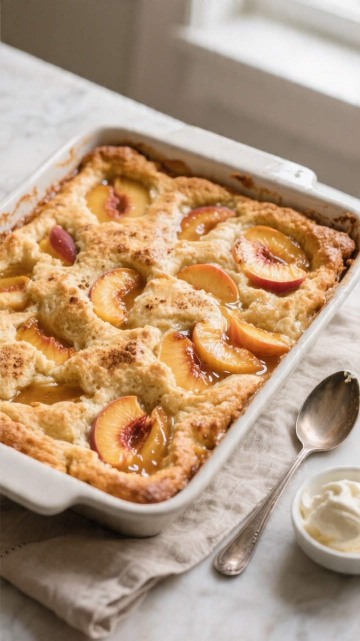 Overhead shot of freshly baked peach cobbler just out of the oven in a 9x13 baking dish, showing a g