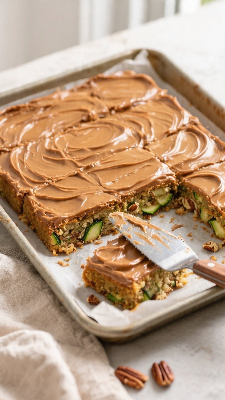 Overhead shot of freshly frosted zucchini bars in a parchment-lined 9x13 pan, the warm caramel frost