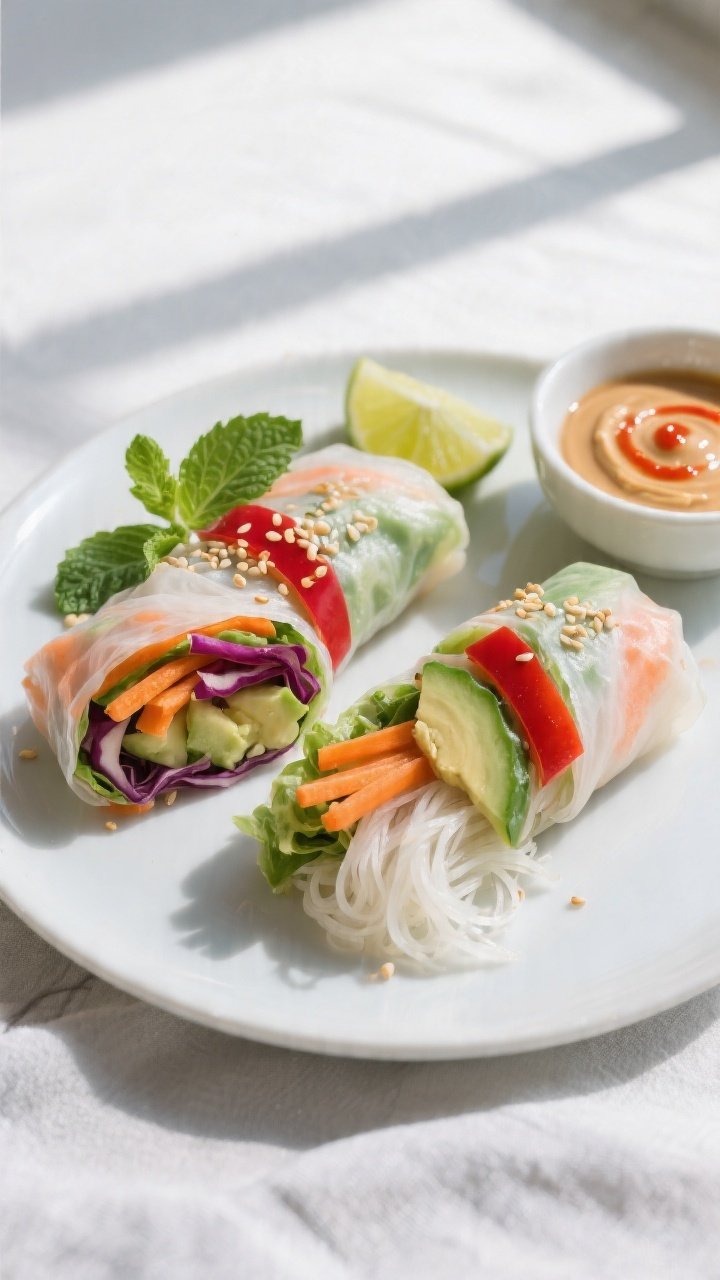 Overhead shot of freshly rolled vegetable spring rolls sliced in half and neatly arranged on a matte