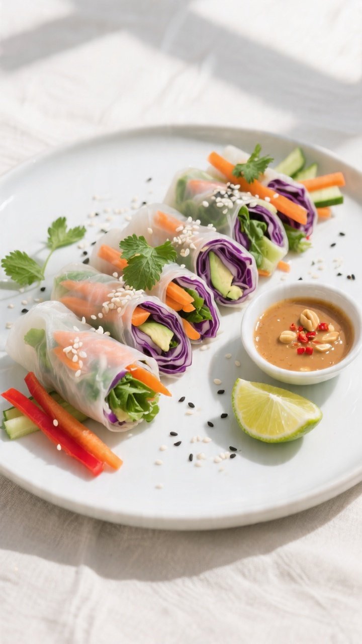 Overhead shot of freshly rolled vegetable spring rolls sliced on a diagonal, arranged in a neat fan 