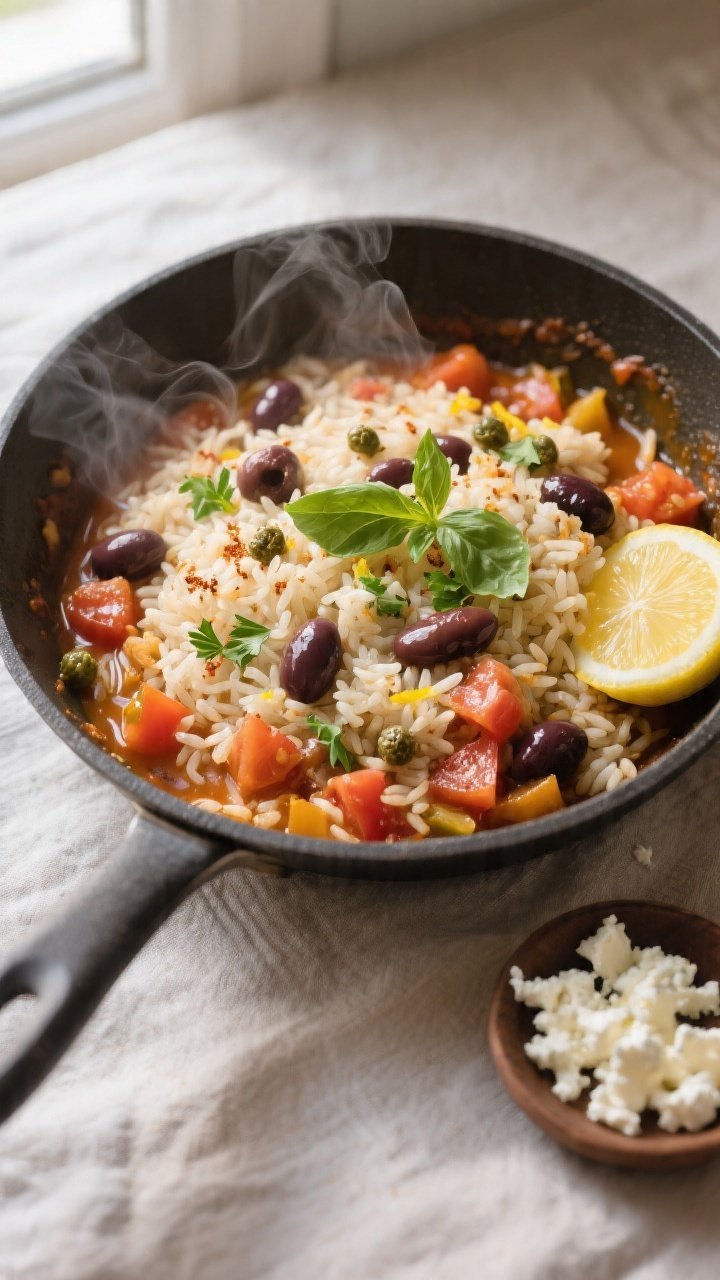 Overhead shot of Mediterranean Rice and Beans finishing in a wide, shallow skillet: fluffy long-grai