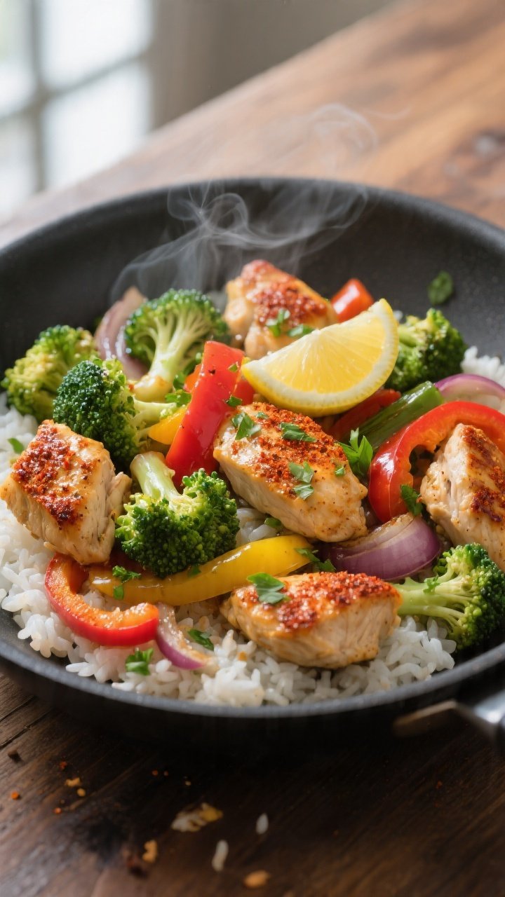 Overhead shot of One-Pan Chicken and Veggies just off the stove: bite-size seared chicken pieces wit
