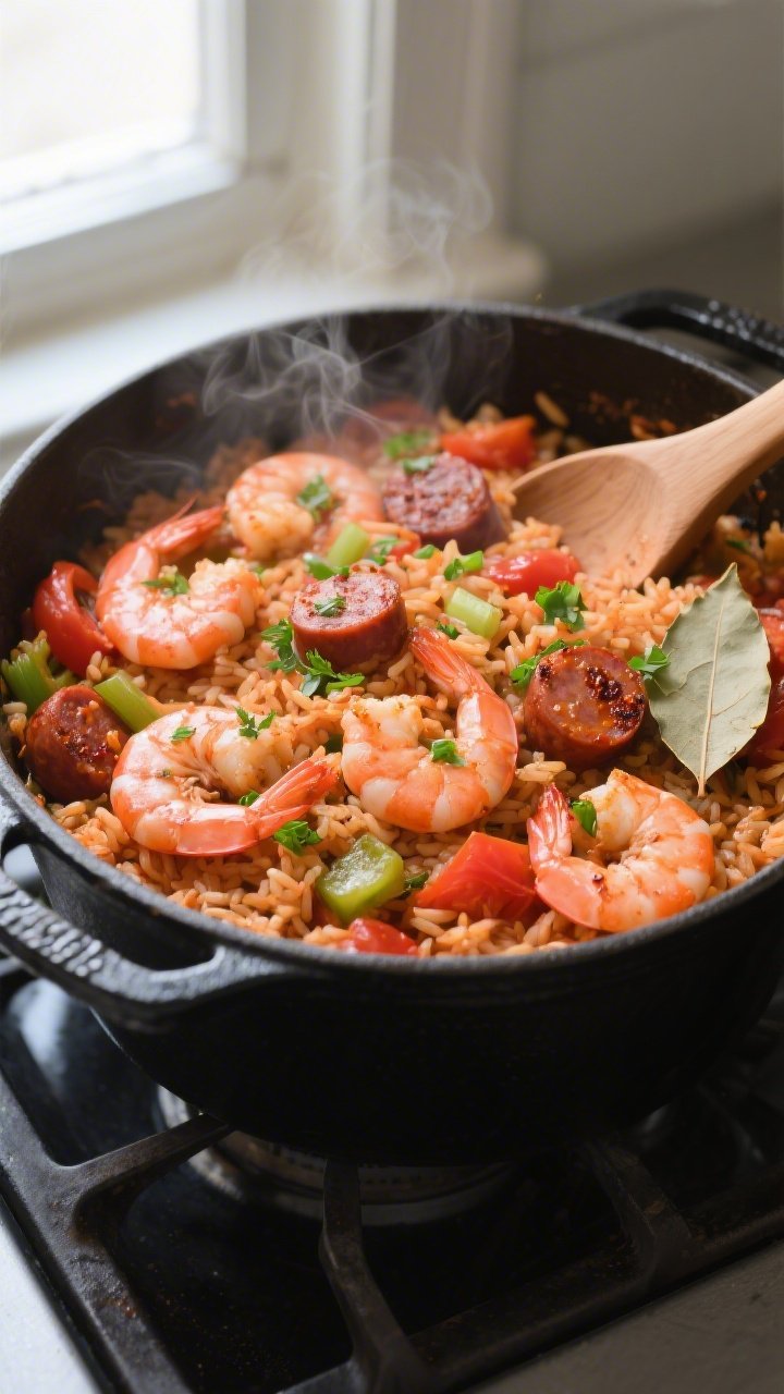 Overhead shot of one-pot shrimp and sausage jambalaya just after steaming the shrimp, inside a matte