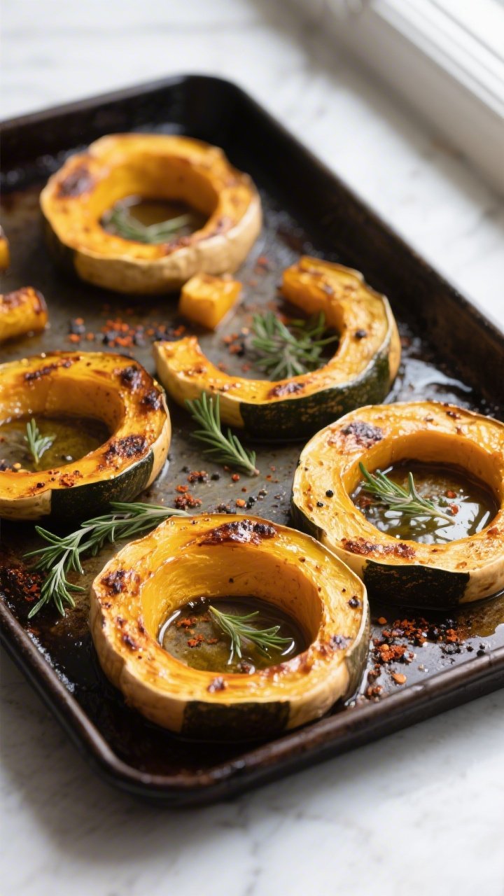 Overhead shot of roasted delicata squash half-moons just flipped on a preheated, dark rimmed baking 