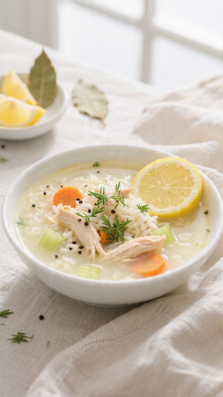 Overhead shot of silky crockpot Greek lemon chicken soup right after tempering, showcasing the pale,