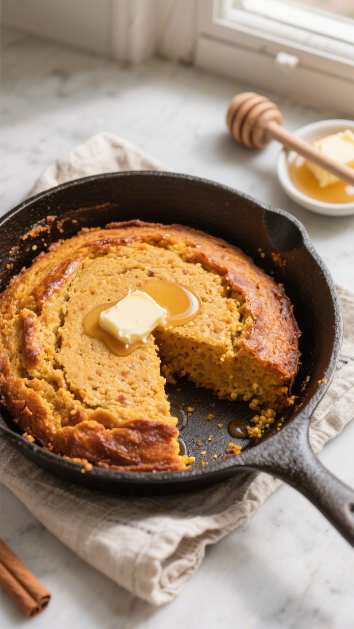 Overhead shot of sweet potato cornbread baked in a preheated 10-inch cast-iron skillet, golden top w
