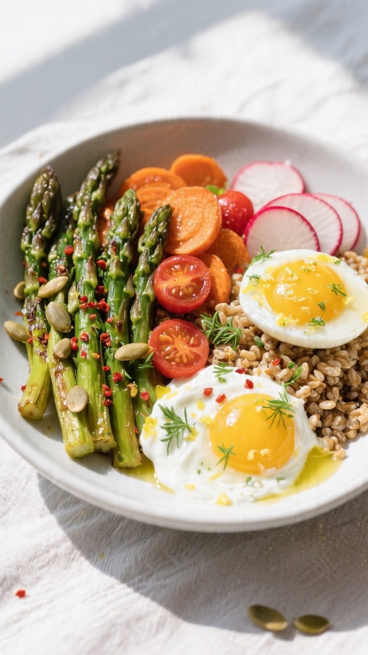Overhead shot of the assembled Colorful Spring Brunch Bowl: warm farro and quinoa blend on one side,