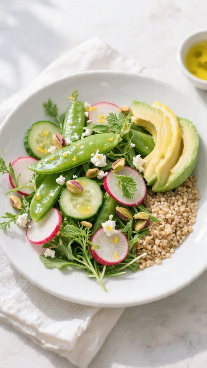 Overhead shot of the assembled Spring Snap Pea, Radish & Cucumber Bowl with Lemon Dressing: snap pea