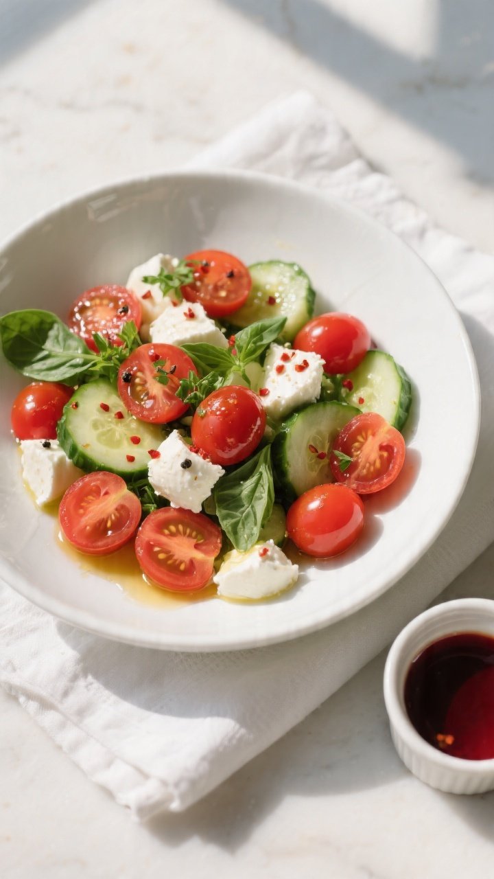 Overhead shot of the finished Cherry Tomato, Cucumber & Mozzarella Salad in a wide, shallow white bo