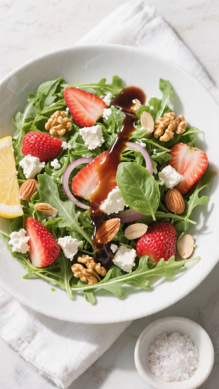 Overhead shot of the finished Easter Arugula Salad in a wide, shallow white bowl: glossy baby arugul