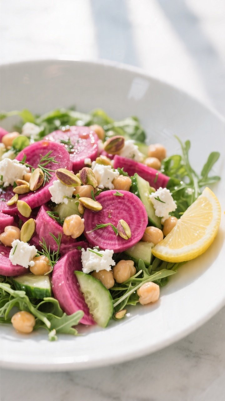 Overhead shot of the finished Healthy Pink Salad with Chickpeas, Feta & Beets in a wide, shallow whi
