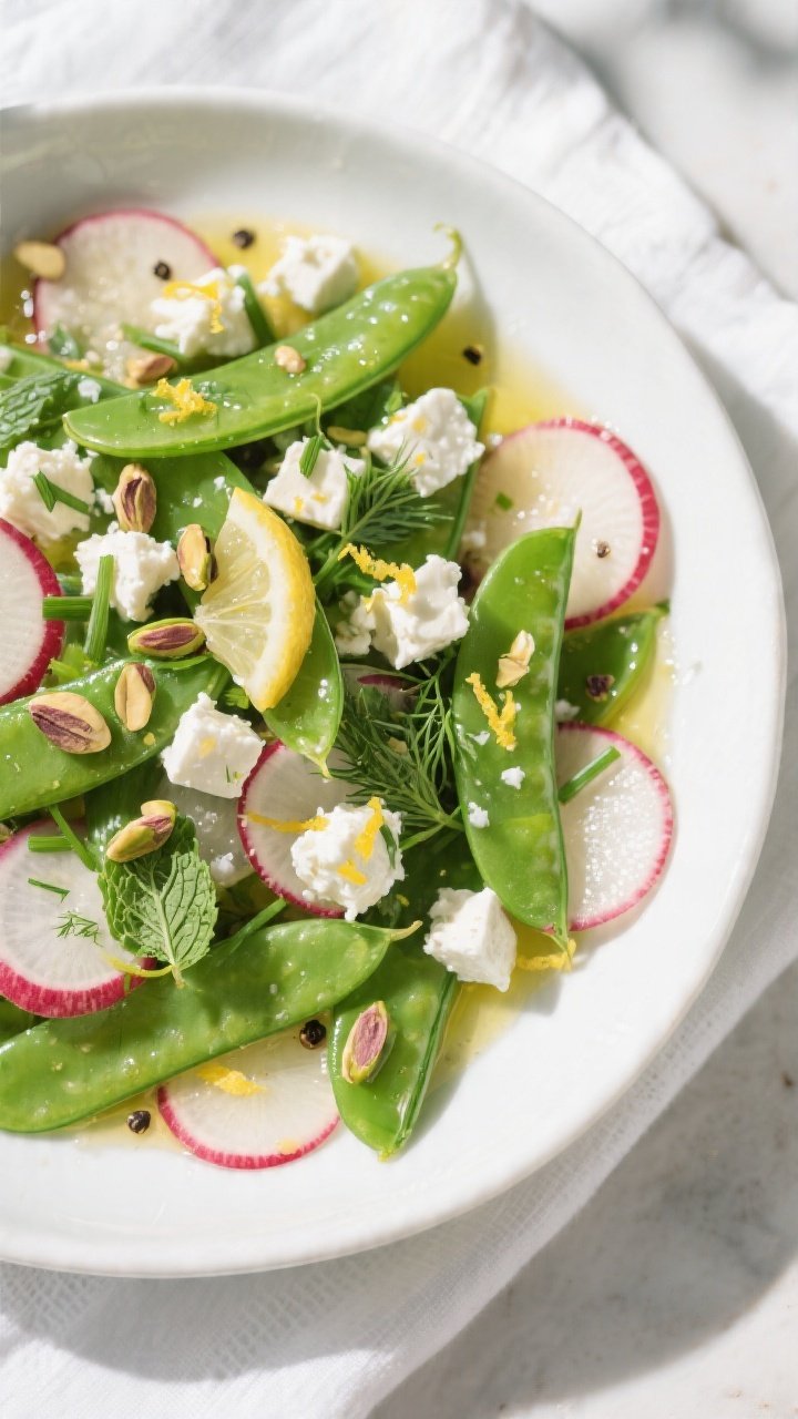 Overhead shot of the finished Sugar Snap Pea & Radish Salad with Feta in a wide, shallow white bowl: