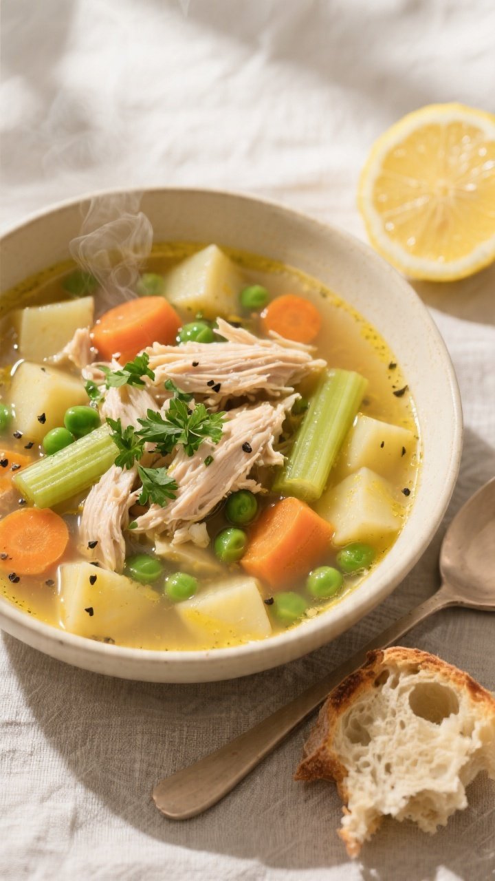 Overhead shot of the finished “Sunday Soup” chicken vegetable soup in a wide, cream-colored bowl