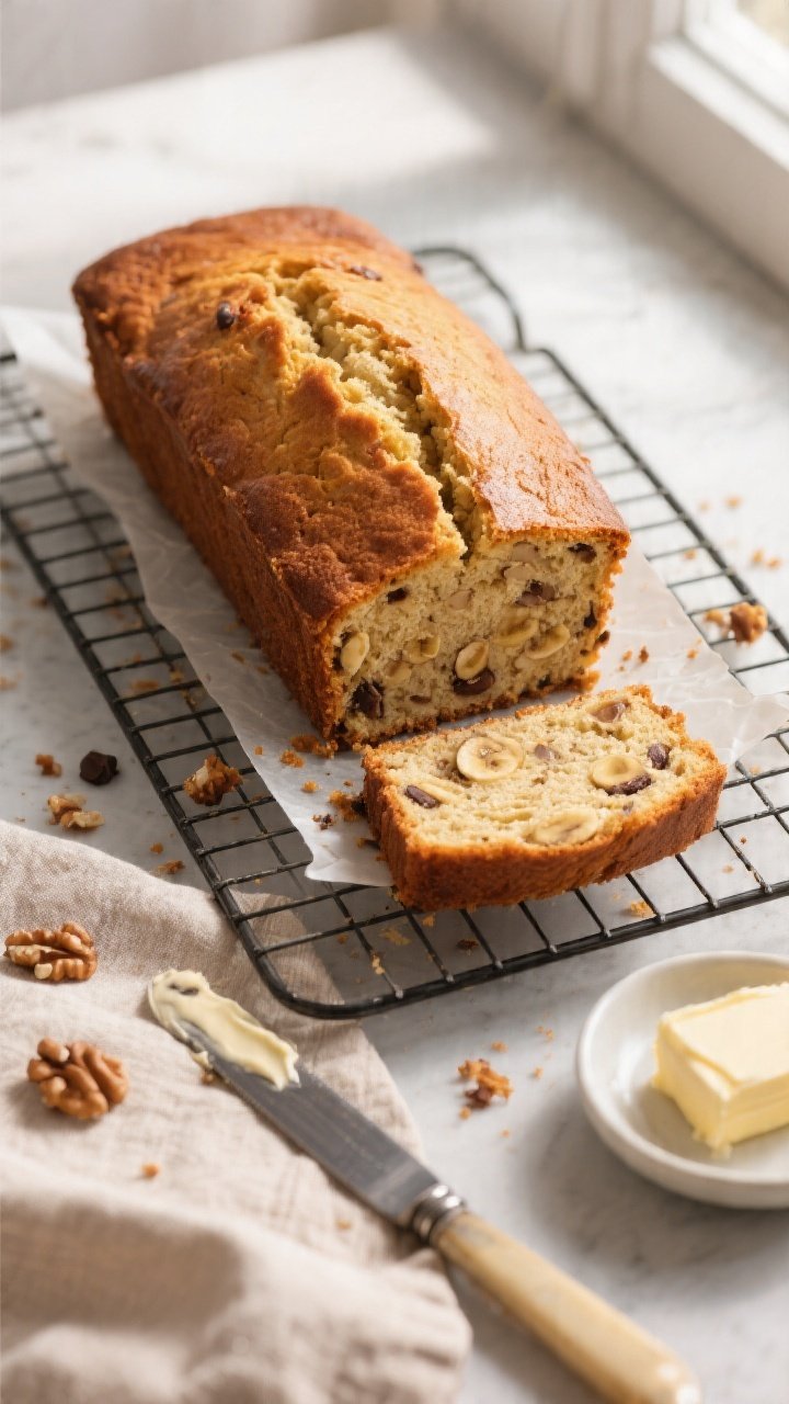 Overhead shot of the freshly baked 3-banana banana bread loaf cooling on a wire rack, golden-brown t