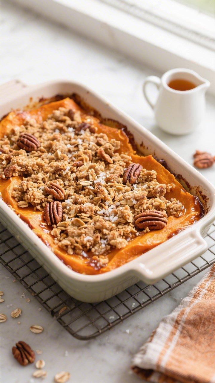 Overhead shot of the freshly baked Maple Pecan Sweet Potato Casserole resting on a cooling rack: a 9