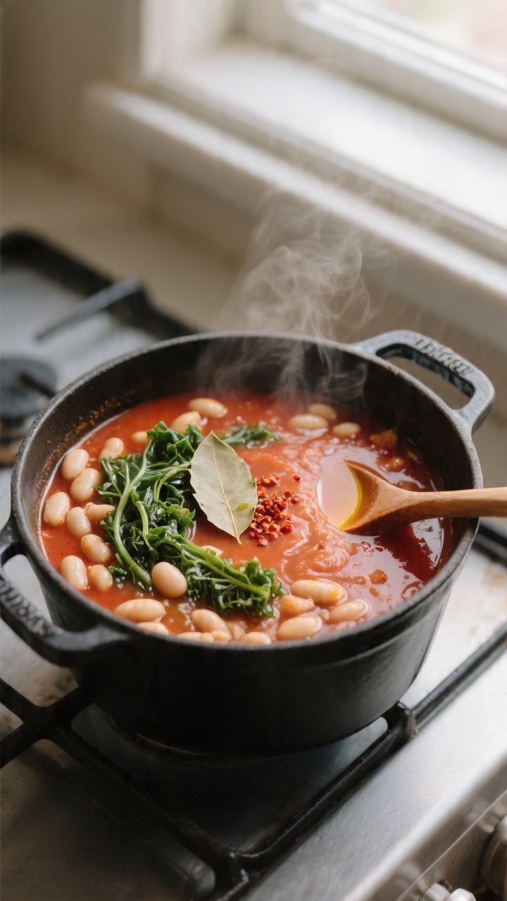 Overhead shot of Tuscan white bean soup simmering in a matte black Dutch oven during the “thicken 