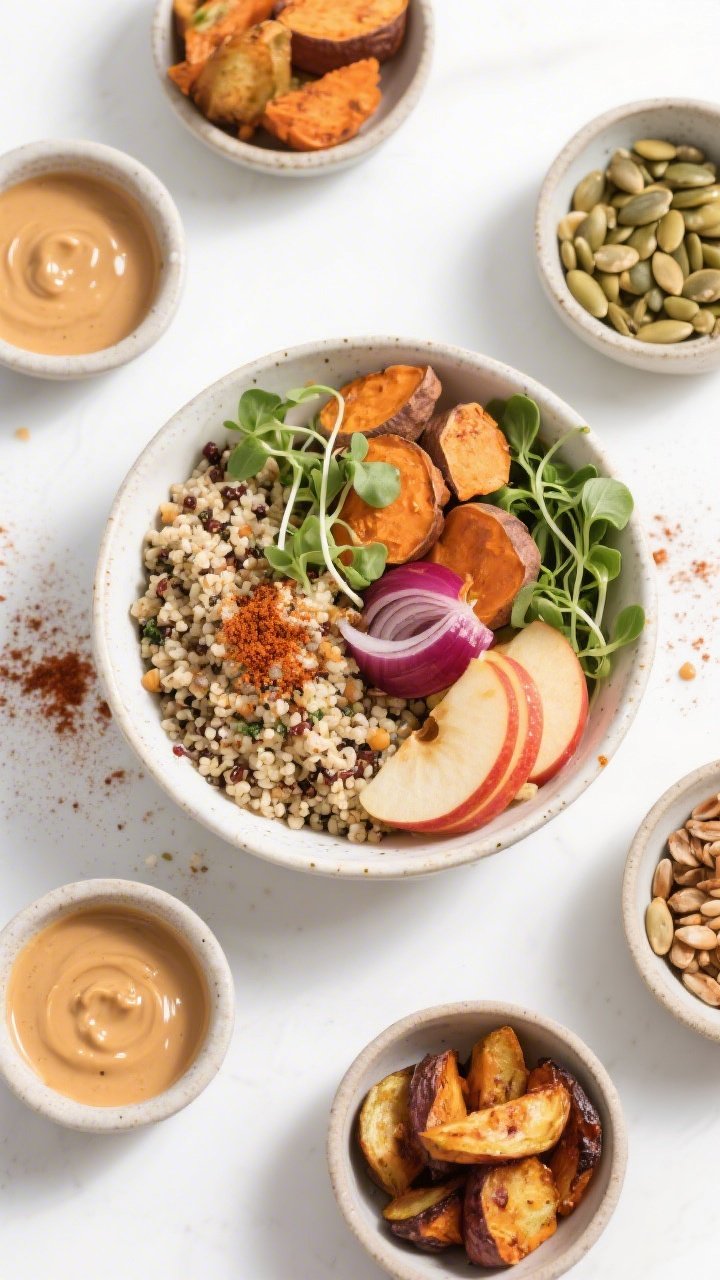 Overhead “tasty top view”: Top-down shot of multiple components ready for serving—one fully bu