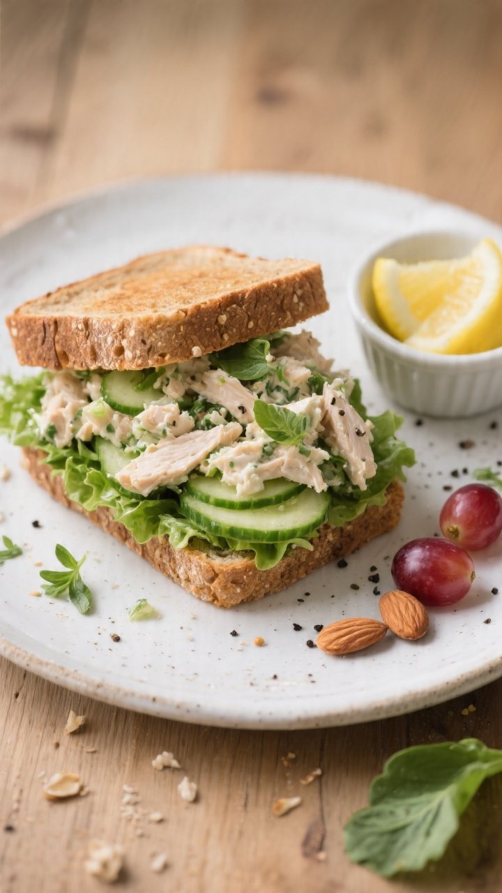 Tasty top view/final dish: Overhead shot of a toasted whole-grain sandwich layered with crisp lettuc