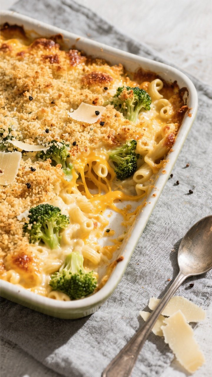 Tasty top view, final dish: Overhead shot of broccoli mac and cheese baked to bubbly perfection in a