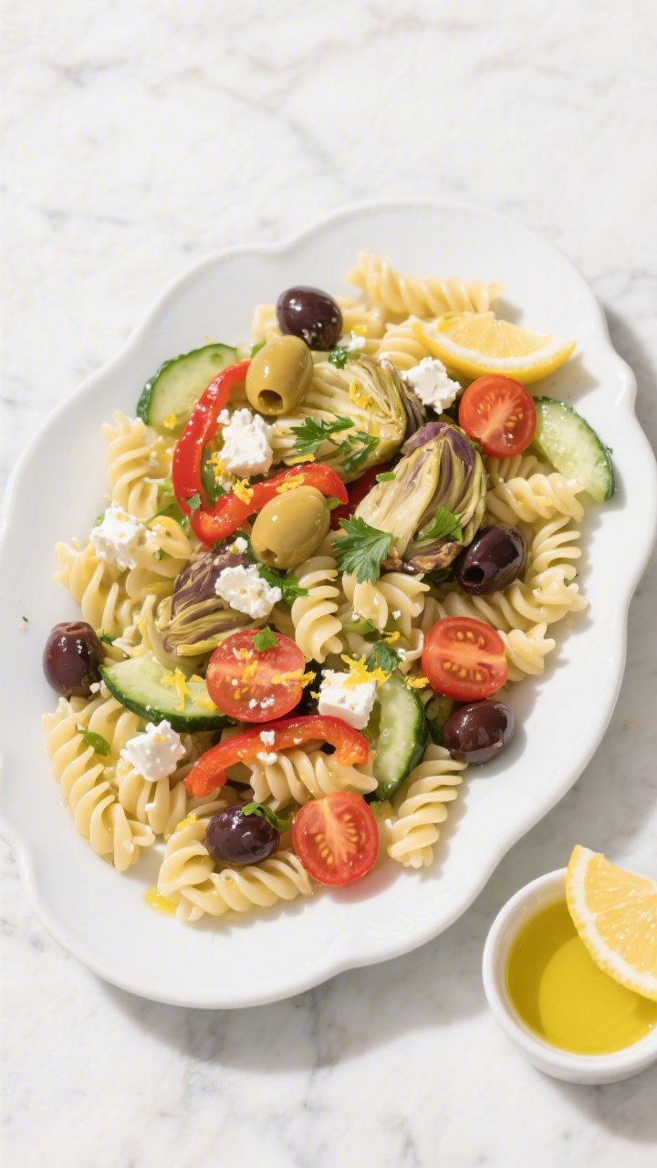 Tasty top view — final plated salad: Overhead shot of Mediterranean Pasta Salad fully composed and
