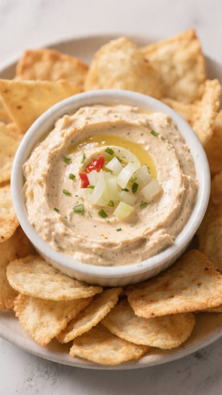 Tasty top view, final presentation: Overhead shot of the Vidalia onion dip rested and ready to serve