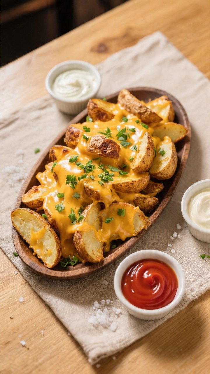 Tasty top view final presentation: Overhead shot of a rustic oval platter piled with cheesy potato w