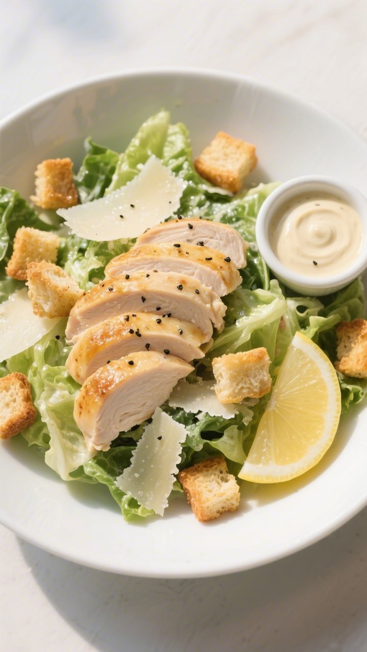 Tasty top view: Overhead shot of a composed Chicken Caesar Salad in a wide, shallow white bowl—rom
