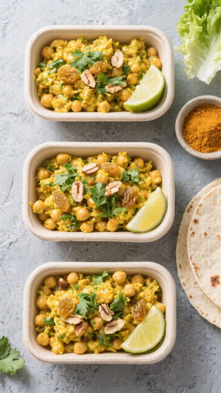 Tasty top view: Overhead shot of a meal-prep spread—three shallow containers filled with chilled c