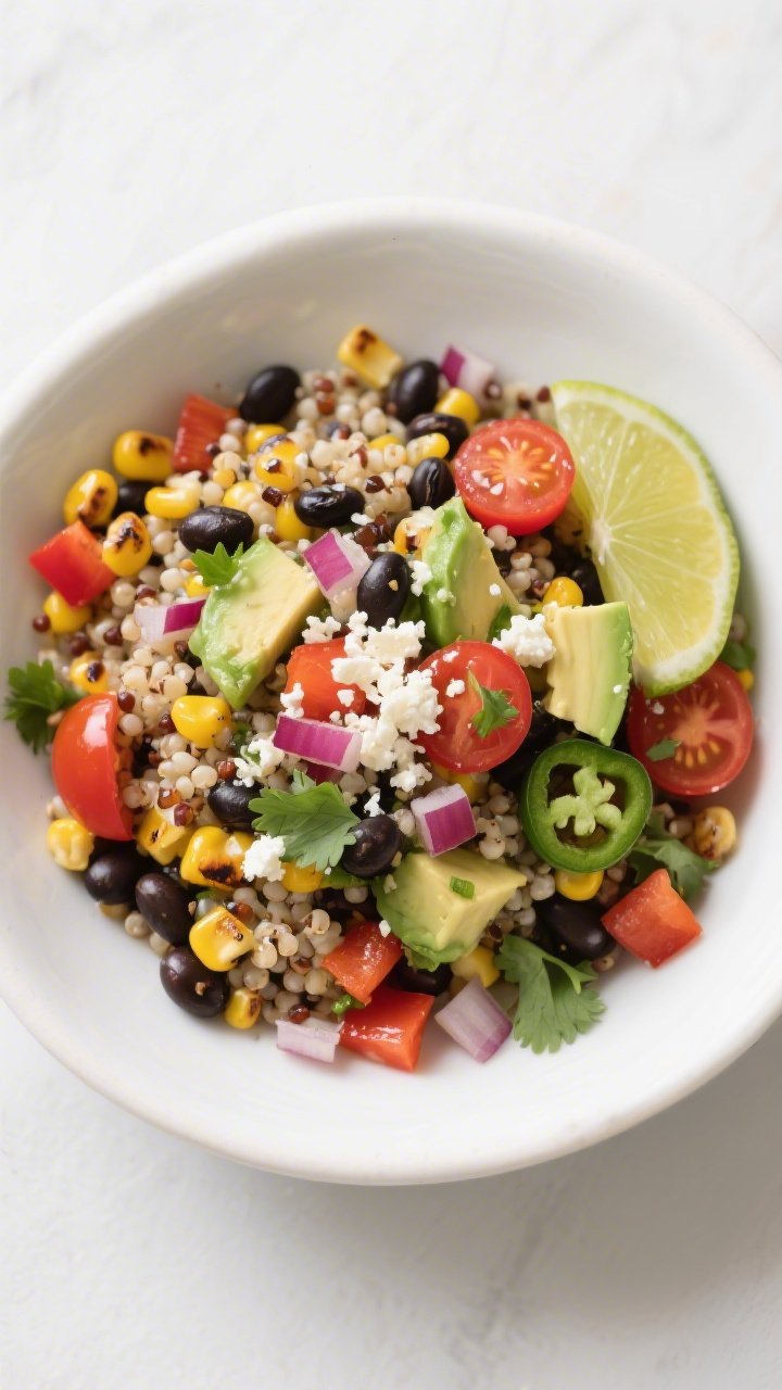 Tasty top view: Overhead shot of Corn and Black Bean Quinoa Salad fully assembled—tri-color quinoa
