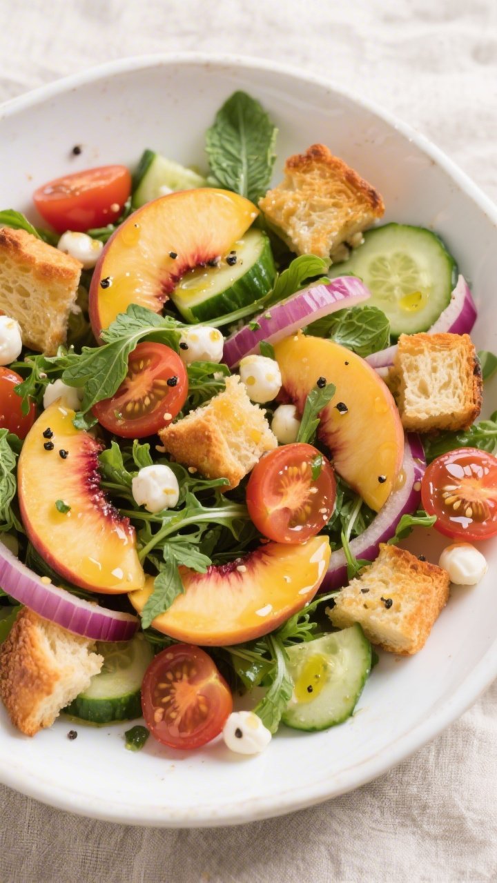 Tasty top view: Overhead shot of Peach Panzanella Salad just after the initial toss—golden toasted